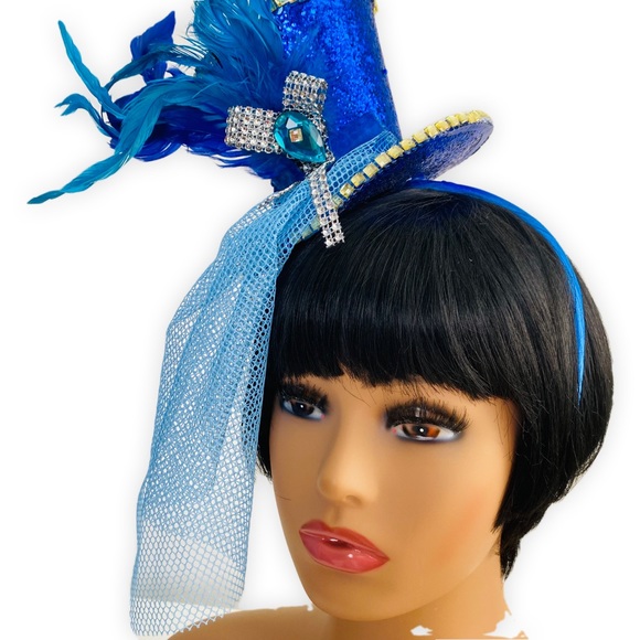 Blue Sparkle Mini Top Hat on Headband with Sequin Trim, Feathers and Netting - Picture 2 of 4